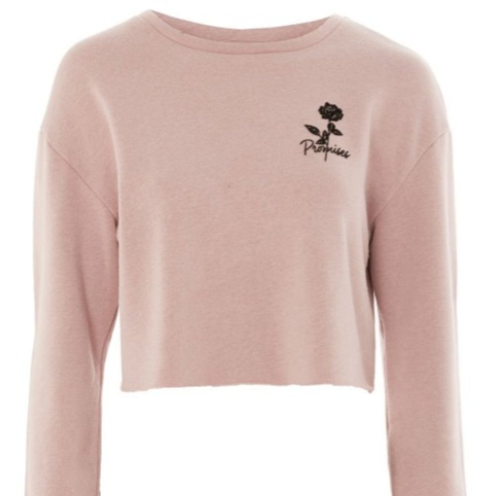 Pink Long sleeve crop top that says promises on it